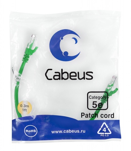 Cabeus PC-UTP-RJ45-Cat.5e-0.3m-GN Патч-корд U/UTP, категория 5е, 2xRJ45/8p8c, неэкранированный, зеленый, PVC, 0.3м | код 7659c | Cabeus