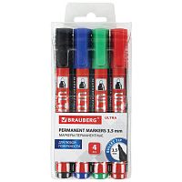 Маркеры перманентные BRAUBERG ULTRA MARKER, НАБОР 4 ЦВЕТА, круглый наконечник 3,5 мм, 152208 | код 152208 | BRAUBERG