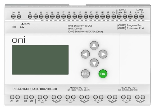 Модуль ЦПУ 4 DI 12 UI (0-10 В/DI) 8 RO 2 AO (1 шт 0-10 В и 1 шт 0-20 мА) 24В DC с Ethernet портом с экраном | код PLC-430-CPU-16U10U-1DC-00 | ONI фото 6