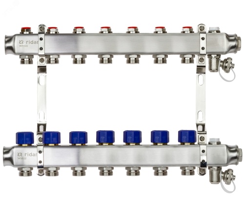 Коллекторная группа SSM-7R set 7 контуров 1' x 3/4' с термостатическими клапанами и кронштейнами | код 088U0977R | Ридан