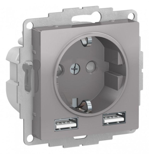 Розетка 3-м СП AtlasDesign 16А IP20 с 2-мя заряд. устройствами USB тип A+A 5В/2.4А 2х5В/1.2А механизм алюм. | код ATN000330 | Schneider Electric
