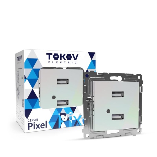 Розетка 2-м USB СП Pixel тип A+A 5В 1х2.1А 2х1.05А механизм перламутр. | код TKE-PX-2USB-C04 | TOKOV ELECTRIC