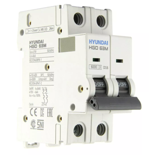Автоматический выключатель HGD63-M 2PMDS0000C 00016 2 полюса, 16А, ток к.з. 6kA, хар-ка D (STANDARD) | код 13.04.001011 | HYUNDAI