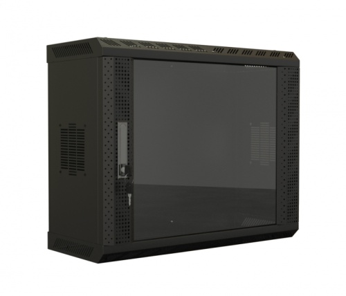 Hyperline TWS-0925-GP-RAL9004 Шкаф настенный 19-дюймовый (19), 9U, 480х600х250, со стеклянной дверью, несъемные боковые панели, цвет черный (RAL 9004) (собранный) | код 447456 | Hyperline