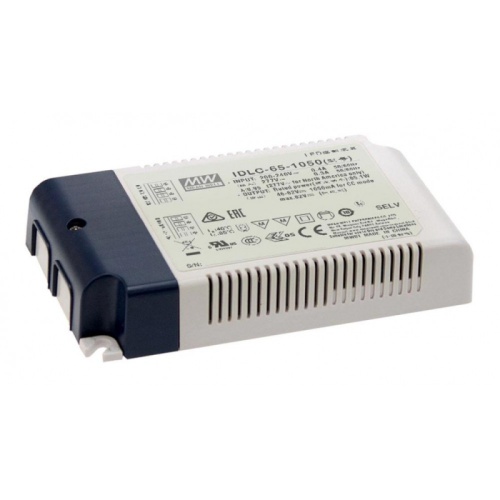 Источник питания AC-DC, 64.4Вт, вход 180…295В AC, 47…63Гц/254…417В DC, ККМ, выход 34…46В/1400мА, изоляция 3750В AC, в кожухе 130х75х25, -20…+85С (корпус), димминг 0...10 В/ШИМ | код IDLC-65-1400 | MeanWell