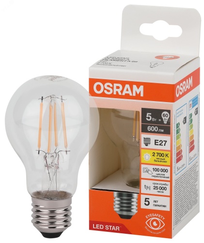 Лампа светодиодная филаментная LED Star Грушевидная 5Вт (замена 60Вт), 600Лм, 2700К, цоколь E27 OSRAM | код 4058075683921 | LEDVANCE Лампа светодиодная филаментная LED Star Грушевидная 5Вт (замена 60Вт), 600Лм, 2700К, цоколь E27 OSRAM | код 4058075683921 | LEDVANCE