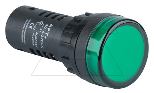 Индикатор светодиодный моноблочный AD16-22D, зеленый, LED 220VAC/DC, фильтр 30V, IP65, 22mm | код AD16-22D/G28-K30 | АРТ