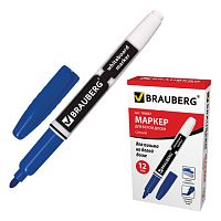 Маркер для доски BRAUBERG, СИНИЙ, с клипом, эргономичный корпус, круглый наконечник, 4 мм, 150847 | код 150847 | BRAUBERG