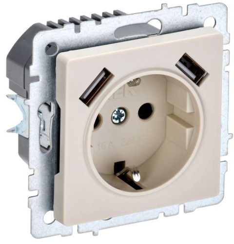 Розетка BRITE РЮш10-1-БрКр 16А с USB A+A 2.1А с заземл. защ. шторки беж. | код. BR-R14-16-U21-D21-K10 | IEK