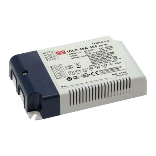 Источник питания AC-DC, 45.2Вт, вход 90…295В AC, 47…63Гц/125…417В DC, ККМ, выход 26…43В/1050мА, изоляция 3750В AC, в кожухе 120х75х25, -20…+80С (корпус), димминг 0...10 В/ШИМ, доп. выход 12В/50 мА | код IDLC-45A-1050 | MeanWell