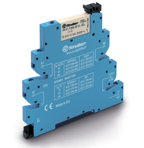 Интерфейсный модуль (сборка 34.51.7.012.0010 + 93.62.7.024), электромеханическое реле, серия MasterOUTPUT, 1NO 6A, контакты AgNi, питание 12В AC/DC, категория защиты IP20, винтовые клеммы | код 392100120060 | FINDER
