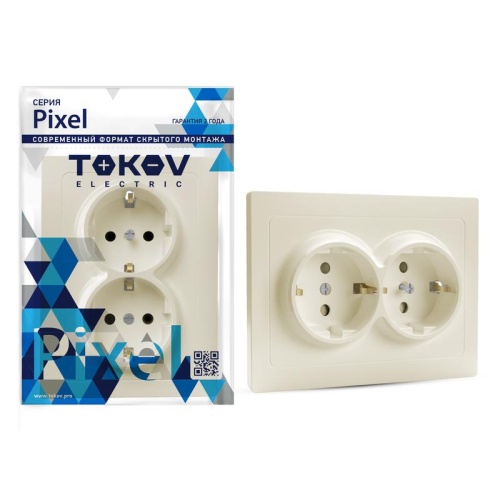 Розетка 2-м СП Pixel 16А IP20 с заземл. защ. шторки в сборе беж. | код TKE-PX-R2FZSF-C02 | TOKOV ELECTRIC