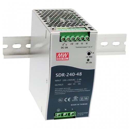 Источник питания AC-DC, 240Вт, вход 88…264V AC, 47…63Гц /124…370В DC, выход 24В/10A, рег. вых 24...28В, изоляция 3000В AC, в кожухе на DIN-рейку 63х125,2х113,5мм, -25…+70С | код SDR-240-24 | MeanWell