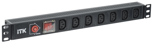 ITK PDU 7 розеток C13, с выкл. и защитой от перенапр, 1U, вх. C14, без шнура, алюминиевый профиль | код PH13-7C133 | IEK