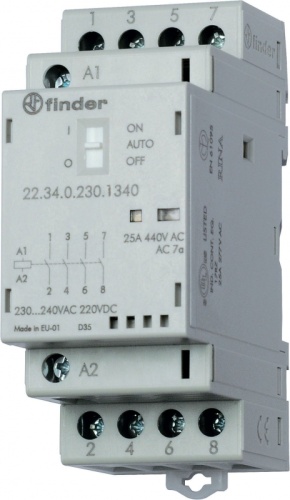Модульный контактор, 2NO+2NC 25А, контакты AgNi, катушка 120В АС/DC, ширина 35мм, степень защиты IP20, опции: мех.индикатор + LED, упаковка 1шт. | код 223401201620PAS | FINDER