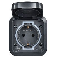 TORS Розетка 1-местная с заземлением защитными шторками и крышкой с иконкой самокат 16А IP55 TS121 графит IEK | код TS-R110-16-55-K53 | IEK