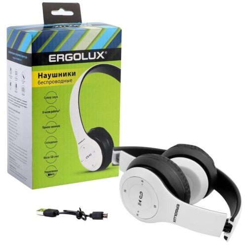 Наушники накладные с микрофоном беспроводные ELX-BTHP01-C01 FM MP3 коробка бел. ERGOLUX 15356 фото 2