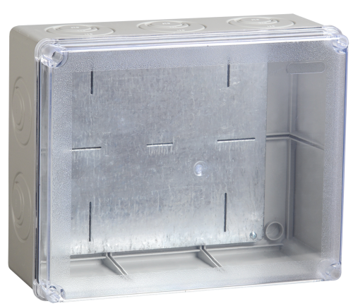 Коробка КМ41346 распаячная для открытой проводки 240х195х90мм IP55 (RAL7035 монтажная плата кабельные вводы 5 шт) | код UKO10-240-195-090-K53-55 | IEK