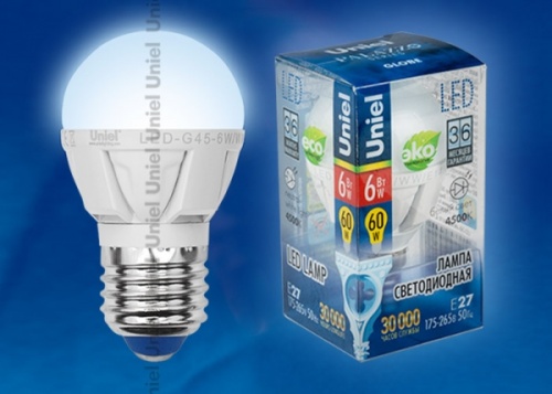 Лампа светодиодная. Форма шар, матовая LED-G45-6Вт 4500К E27 FR ALP01WH колба. алюминий. белый. Серия Palazzo. пластик | код 07904 | UNIEL