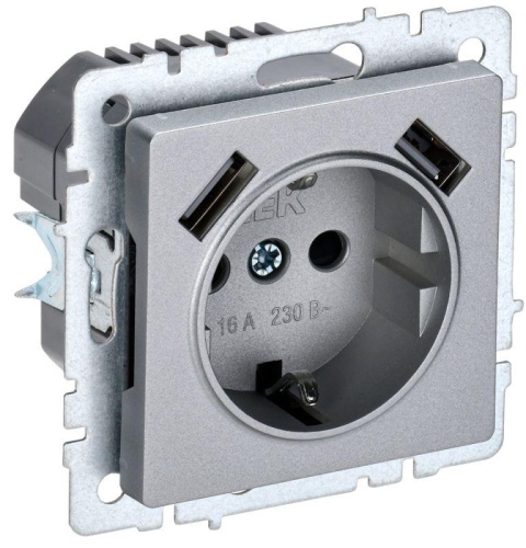 Розетка BRITE РЮш10-2-БрА 16А с USB A+A 3.1А с заземл. защ. шторки алюм. | код. BR-R14-16-U21-D31-K47 | IEK