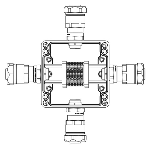 Взрывозащищенная клеммная коробка из полиэстера TBE-P-03 -(6xCBC.2) -1x6018ANP22BKM2SB(A) - 1x6018ANP22BKM2SB(B) - 1x6018ANP22BKM2SB(C) -1x6018ANP22BKM2SB(D)1Ex e IIC Т5 Gb /Ex tb IIIC T95°C Db | код 1231.031.19.02F | DKC
