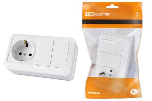 Блок комбинированный выкл. 2-кл. 10А + розетка 2П+З 16А 250В БКВР IP20 белый Ладога TDM | код SQ1801-0102 | TDM