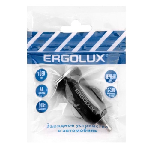 Адаптер автомобильный ELX-CA01P-C02 ПРОМО 1USB 12В 5В/2А LED пакет черн. ERGOLUX | код 15105 | Ergolux