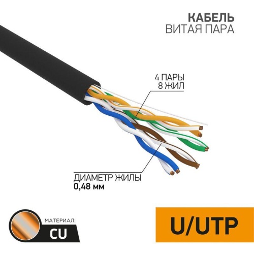 Кабель витая пара U/UTP 4х2х24AWG кат.5е медь OUTDOOR черн. (уп.305м) | код 01-0054 | PROCONNECT