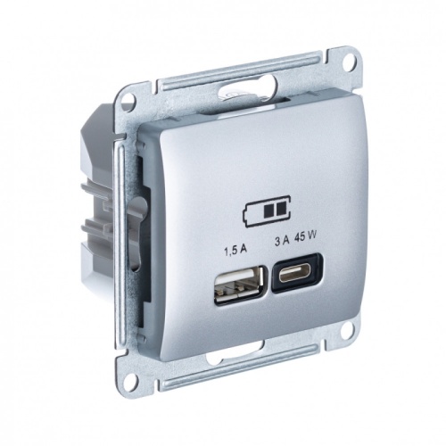 GLOSSA USB РОЗЕТКА А + тип-С 45Вт высокоскор.заряд. QC, PD, механизм, АЛЮМИНИЙ | код GSL000329 | Systeme Electric