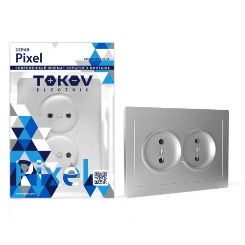 Розетка 2-м СП Pixel 16А IP20 без заземл. в сборе алюм. | код TKE-PX-R2F-C03 | TOKOV ELECTRIC