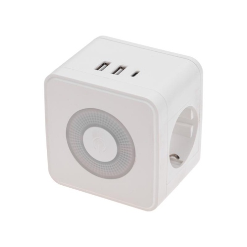 Двойник электрический Куб 16А с/з+2хUSB-A 2.4А+USB Type-C 3А с ночной подсветкой бел. | код 11-1251 | Rexant