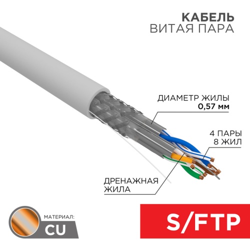 REXANT Кабель витая пара S/FTP, категория 7, PVC, 4PR, 23AWG, внутренний, серый, 305 м | код 01-0542 | REXANT
