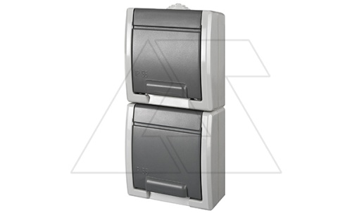 AQUANT - Розетка 2x 2P+E вертикальная, 16A/250V, с крышкой, ABS ,UV, IP55, корпус RAL7035/крышка RAL7043 | код 1254-10 | Elektro-plast Nasielsk