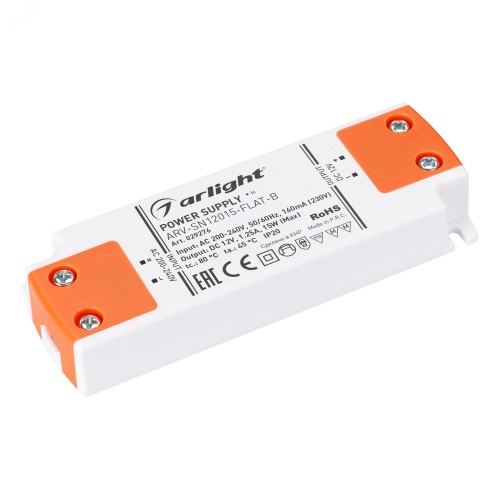 Блок питания ARV-SN12015-FLAT-B (12V, 1.25A, 15W) (ARL, IP20 Пластик, 3 года) | код 29276 | Arlight