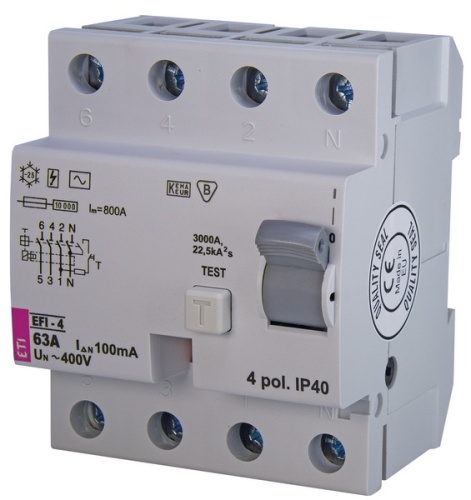 Реле дифференциальное (УЗО) EFI-4 63/0,1 тип AC (10kA) | код 002063144 | ETI