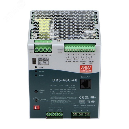 Блок питания AC-DC с функцией UPS c MODBus интерфейсом, 480Вт, вход 90-305В АС,127-431В DC, выход: 48В, выход зарядного устройства: 0-60В,0-10 А, в корпусе | код DRS-480-48 | Mean Well