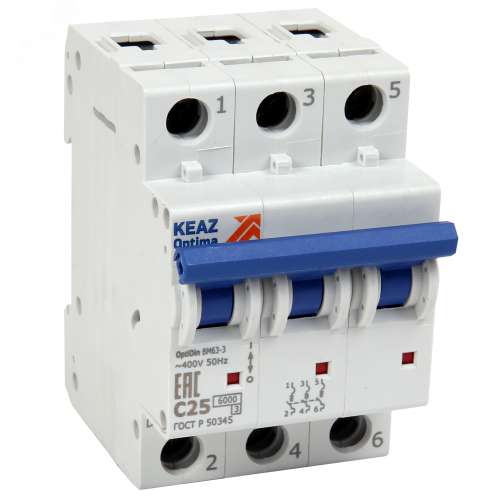 Выключатель автоматический трехполюсный 63А C 6кА AC OptiDin BM63-3C63-УХЛ3 | код 293218 | КЭАЗ