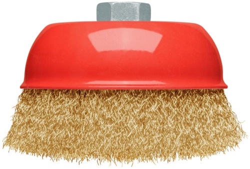 Корщетка-чашка, гайка М14, стальная латунированная волнистая проволока 125 мм, блистер | код 39094 | FIT фото 6