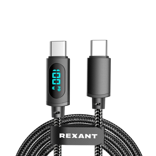 Кабель Type-C – Type-С, 5A, 100Вт, 1м, в черной нейлоновой оплетке, с LED дисплеем REXANT | код 18-7074 | REXANT