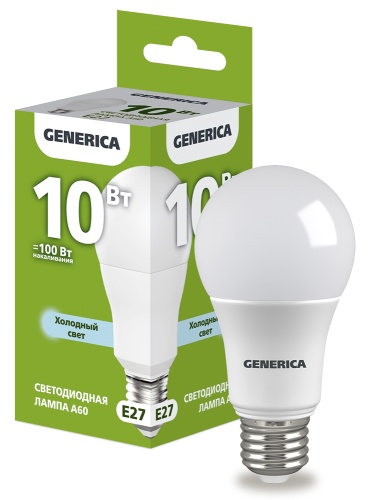 Лампа светодиодная A60 груша 10Вт 230В 6500К E27 GENERICA | код LL-A60-10-230-65-E27-G | IEK
