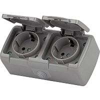 Розетка Intro Atlantic 5-204-03 двойная с заземлением 2х2P+E Schuko шторки, 16А-250В, IP54, открытой установки, серый | код Б0051061 | ЭРА