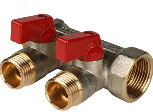 Коллектор с шаровыми кранами 3/4', 2 отвода 1/2' (красные ручки) | код SMB 6210 341202 | STOUT