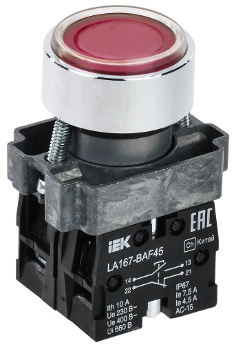 Кнопка управления LA167-BAF45 d=22мм 1з+1р красная | код BBT20-BAF45-3-22-67-K04 | IEK