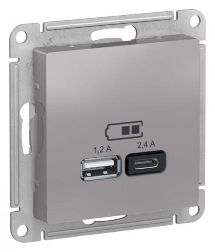 Розетка USB AtlasDesign тип A+C 5В/2.4А 2х5В/1.2А механизм алюм. | код ATN000339 | Schneider Electric