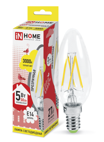 Лампа светодиодная LED-СВЕЧА-deco 5Вт 230В Е14 4000К 450Лм прозрачная IN HOME | код 4690612007571 | IN HOME