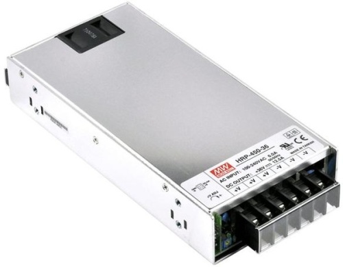 Источник питания AC-DC, 450Вт, вход 85…264В AC, 47…63Гц /120…370В DC, ККМ, выход 12В/0…37.5A, рег. вых=10.2…13.8В, доп. выход 5В/0…0.3А, изоляция 3000В AC, в кожухе 218х105х41мм, -30…+70С | код HRPG-450-12 | MeanWell