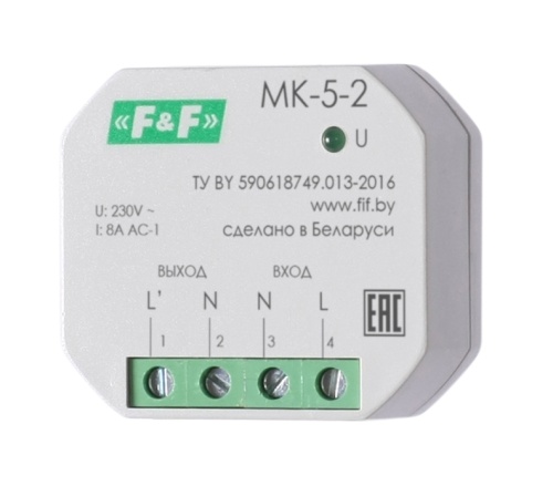 МОДУЛИ ЗАЩИТЫ КОНТАКТОВ MK-5-2 NEW! Ограничение пускового тока 12А/0.1сек, защита от перегрева , перегрузки по току, макс ёмкость нагрузки 3000мкф, в монтажную коробку 230 В AC 8A 8A 1NO IP20 | код EA06.002.002 | ЕВРОАВТОМАТИКА ФиФ
