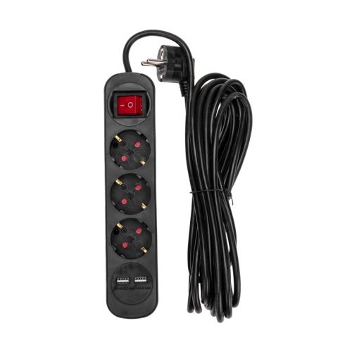 Удлинитель STANDARD 3 гнезда, 5м, 3х1,0мм?, с/з, с выключателем, 2 USB, черный REXANT | код 13-4023 | REXANT