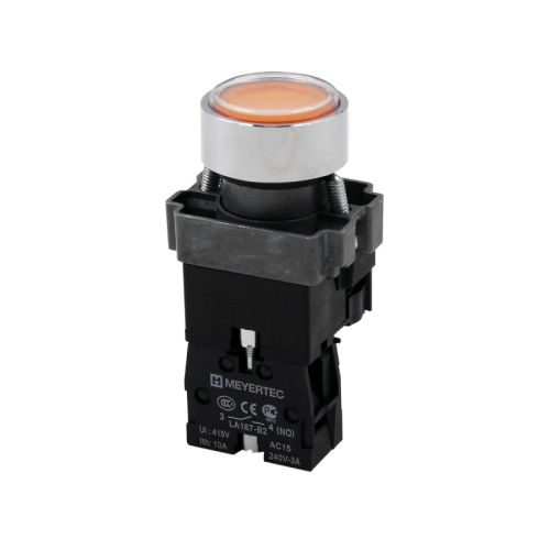 Кнопка плоская желтая с подсветкой, 220V AC/DC, 1NO, IP67, металл MTB2-BWF3561 | код 132654 | MEYERTEC