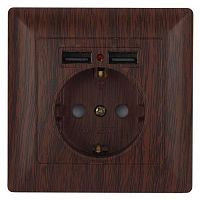Розетка Intro Solo 4-410-10 с заземлением P+E Schuko со шторками, 16А-250В + 2хUSB, IP20, СУ, венге | код Б0053719 | ЭРА